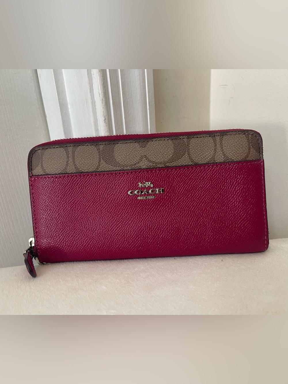 Coach Pebbled Leather Wallet in Hot Pink with Signature Canvas Trim